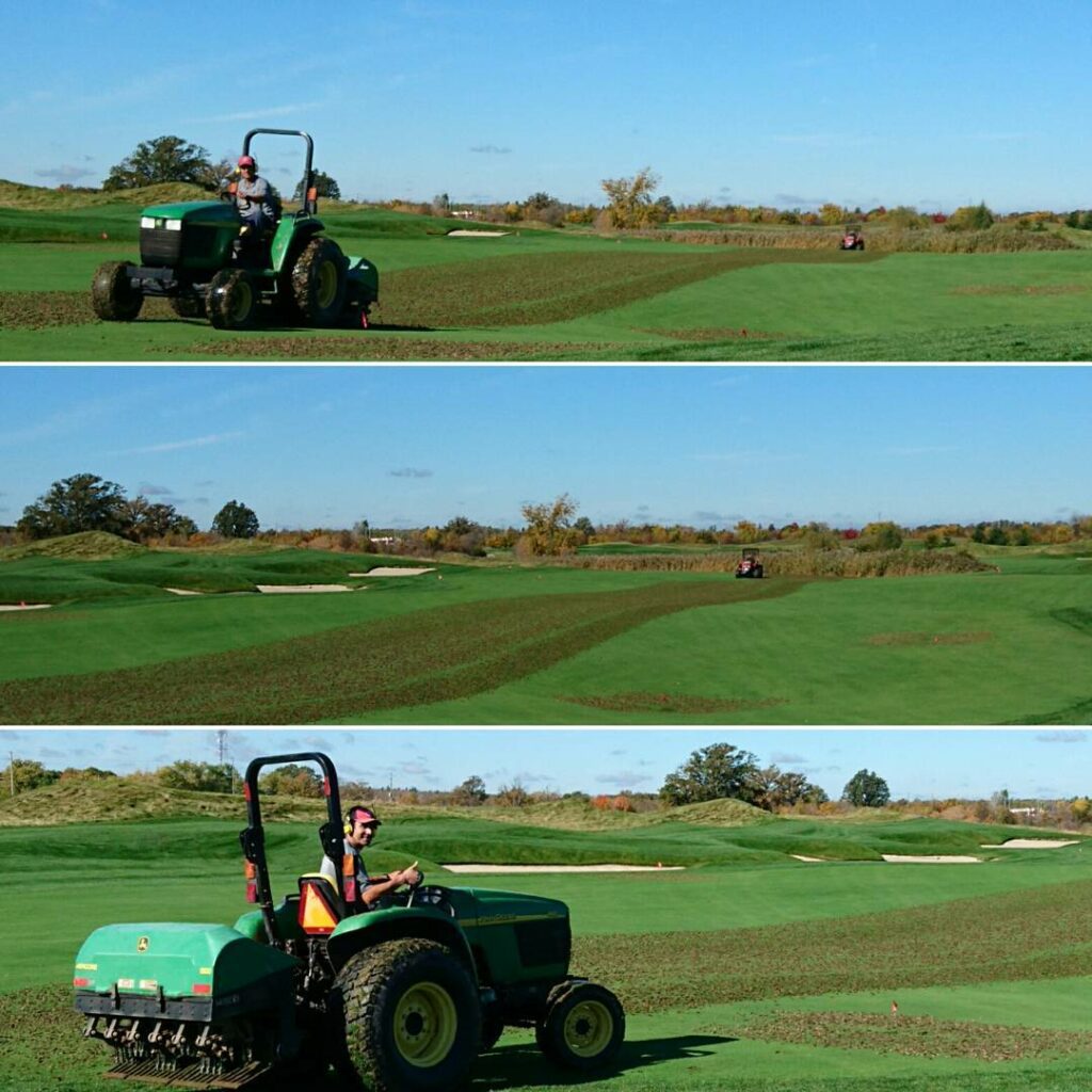 Turf maintenance shown in 3 images stacked above each other aerating fairways.