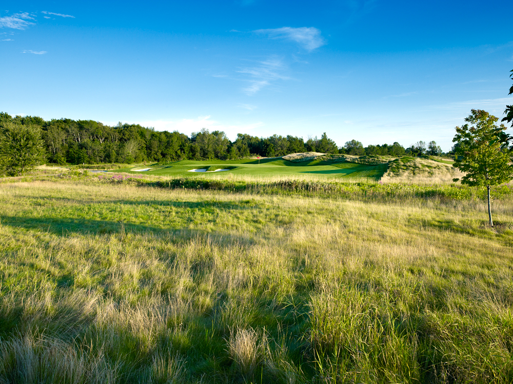 Piper's Heath sixth hole in the distance with fescue and rough between the green