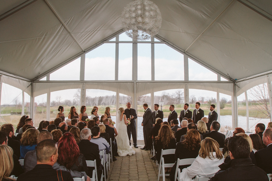 Wedding ceremony in backup tent for inclement weather at Piper's Heath
